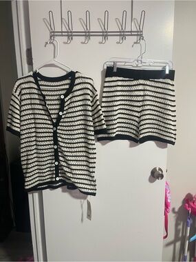 Amazon Black and Cream Striped Knit Button Up Short Sleeve Top And Short Set-L